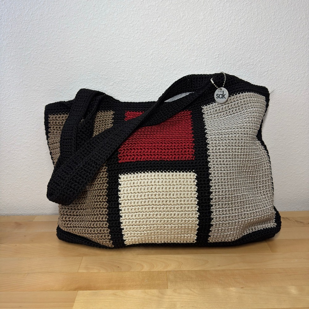 The Sak Crochet Hobo Bag Colorblock Geometric Black Red Tan Shoulder Bag Boho - Picture 1 of 11